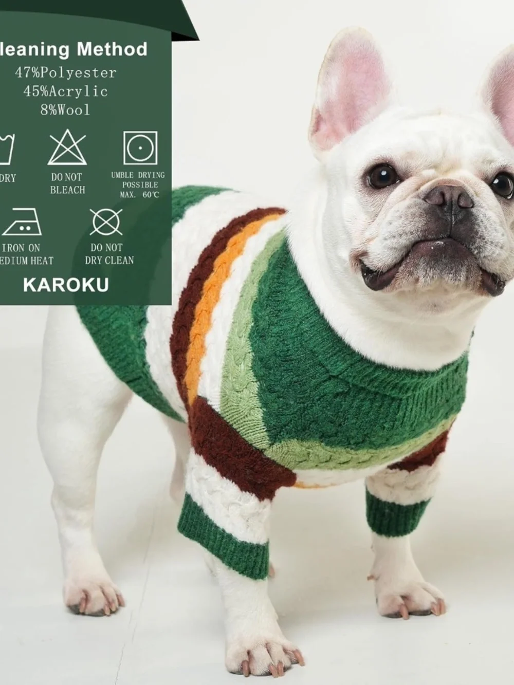 Green Striped Knit Dog Sweater Turtleneck Winter Pet Pullover Medium